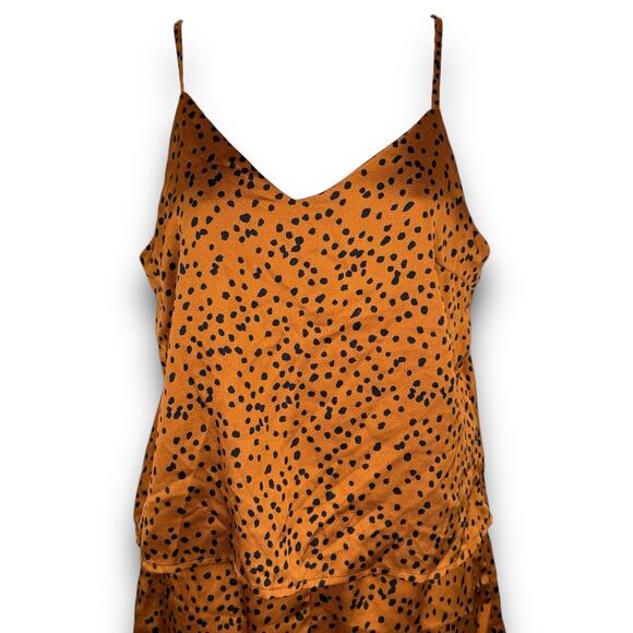 Crescent Silky Satin Pajama Cami Tank Shorts Set Loungewear Orange Black Small - Picture 2 of 7